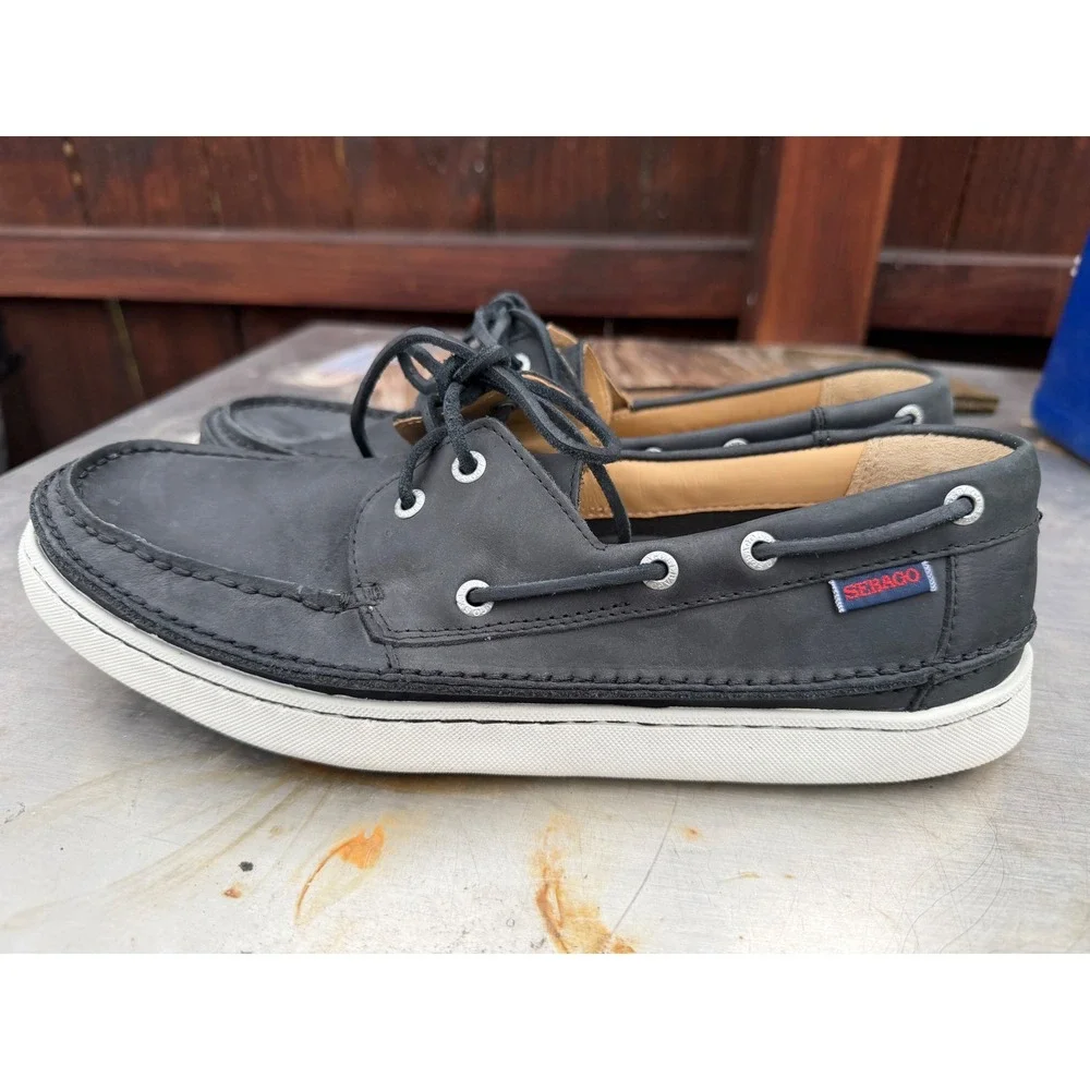 Sebago Ryde 2 Eye Black Leather Boat Shoes Mens 10M B226076 Deck Shoes Loafers